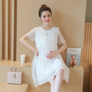 Elevate Your Maternity Style with the Summer Korean Lace Crochet Maternity Shirt Dress