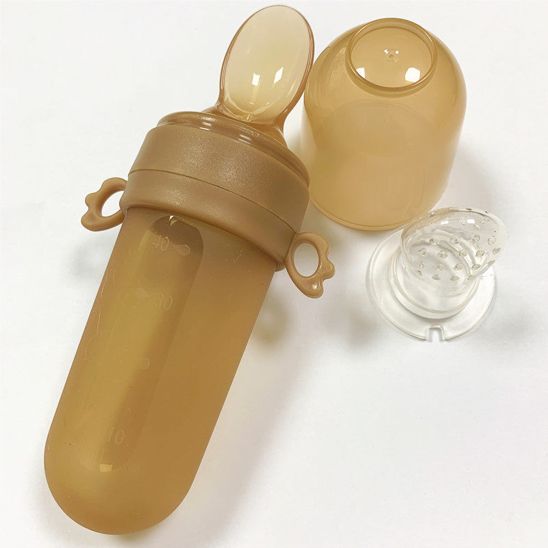 Baby Silicone Squeeze Feeding Bottle With Spoon And Net Pocket