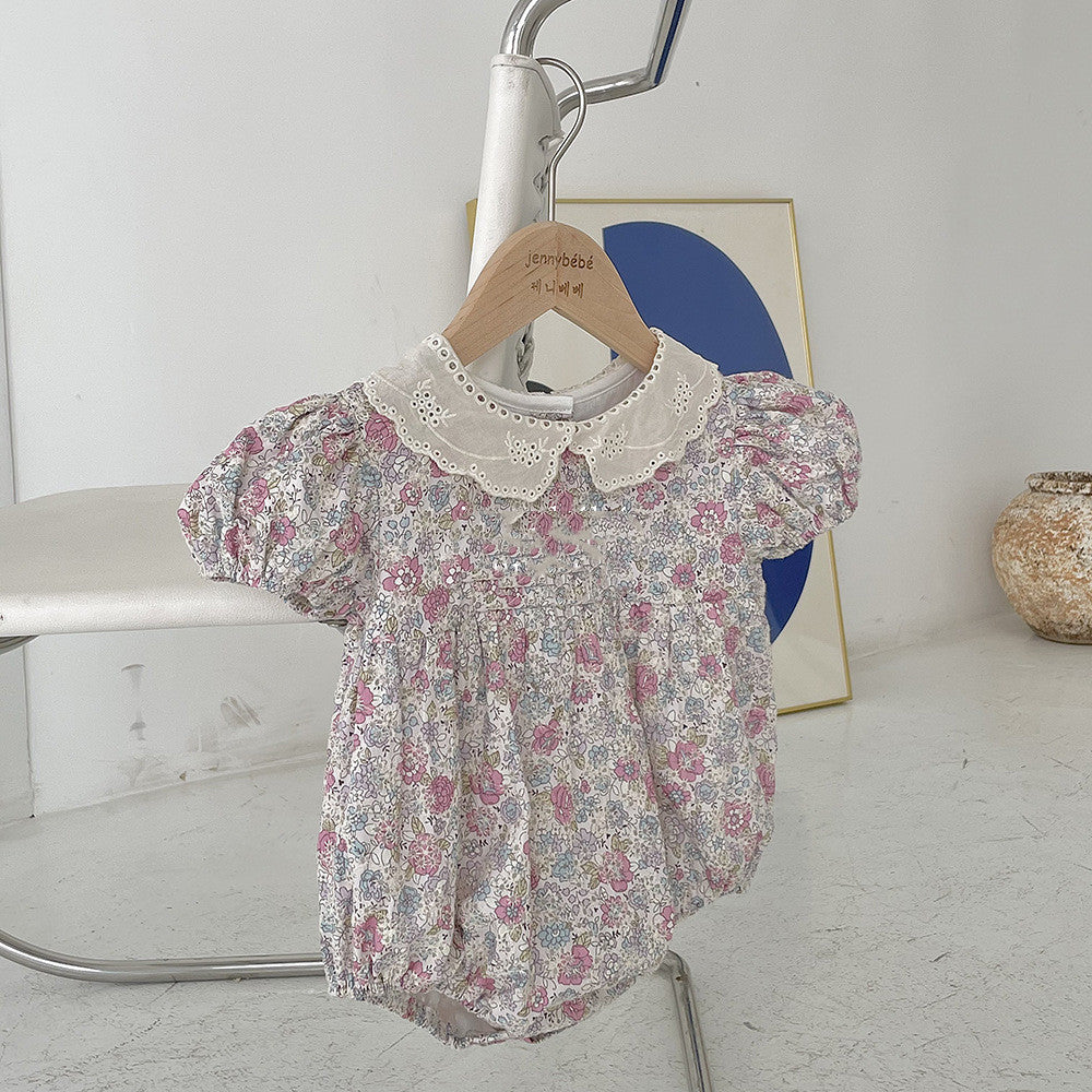 Baby Floral Embroidery Romper Doll Collar Puff Sleeve Jumpsuit