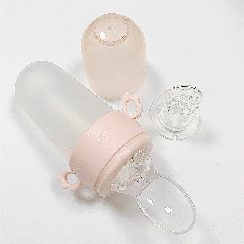 Baby Silicone Squeeze Feeding Bottle With Spoon And Net Pocket