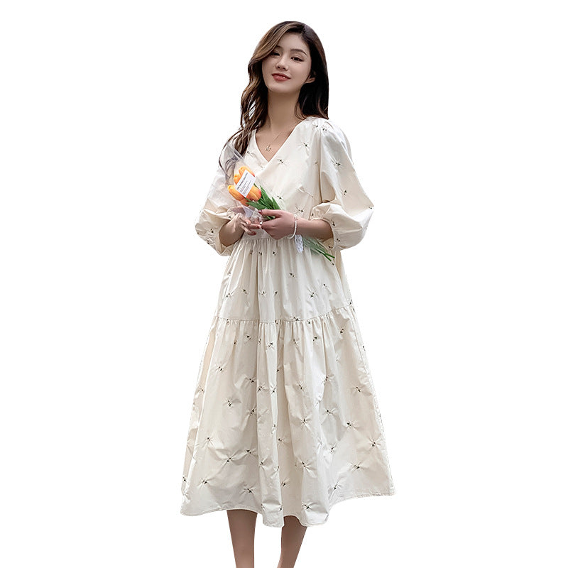 Summer Embroidered Mid Length Maternity Dress High Waist