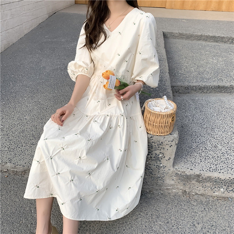 Summer Embroidered Mid Length Maternity Dress High Waist