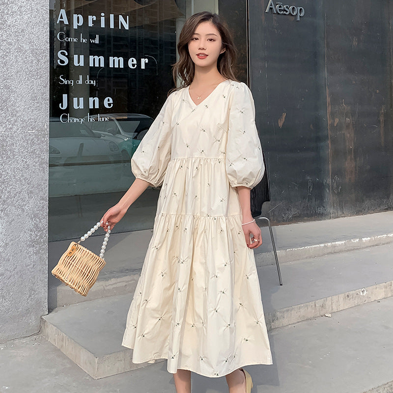 Summer Embroidered Mid Length Maternity Dress High Waist