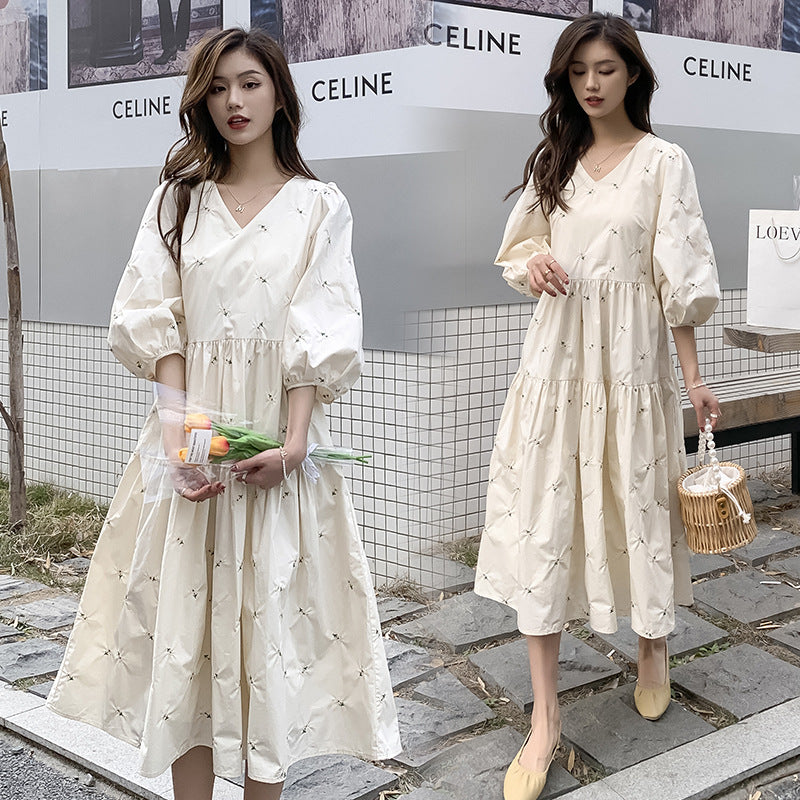 Summer Embroidered Mid Length Maternity Dress High Waist