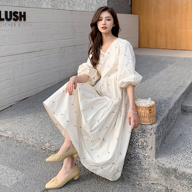 Summer Embroidered Mid Length Maternity Dress High Waist