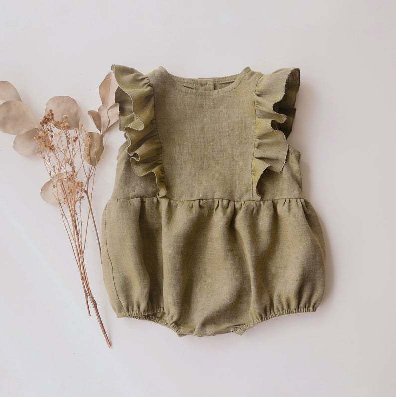 Baby Cotton Linen Romper Pleated Trim Triangle Comfortable Outfit