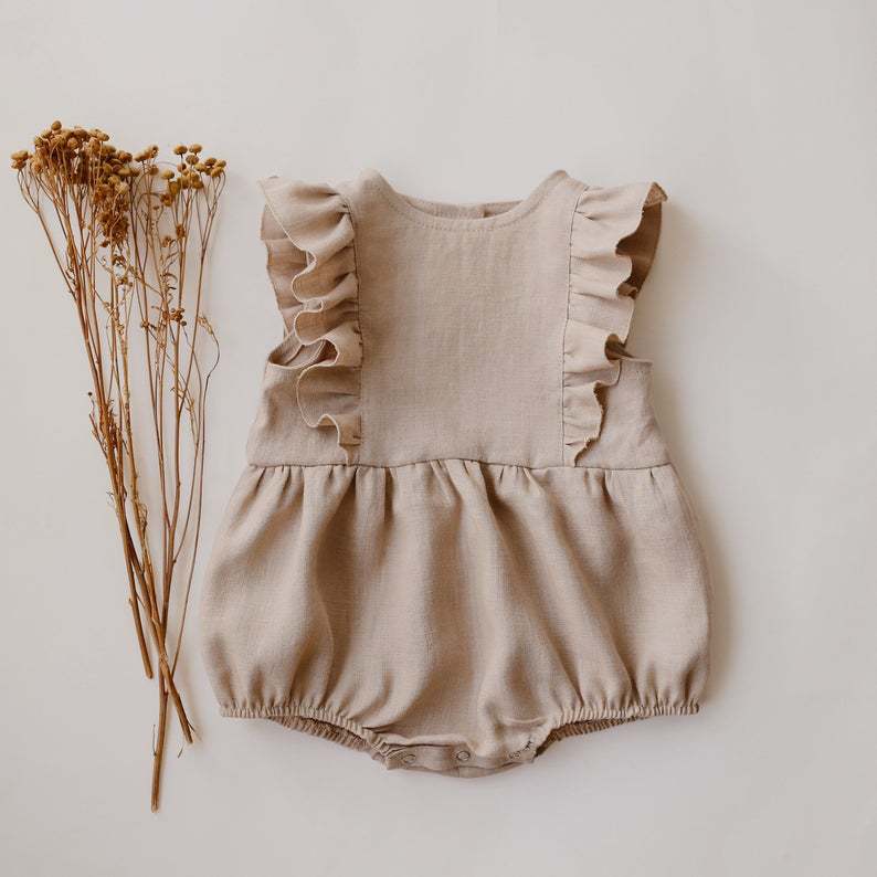 Baby Cotton Linen Romper Pleated Trim Triangle Comfortable Outfit