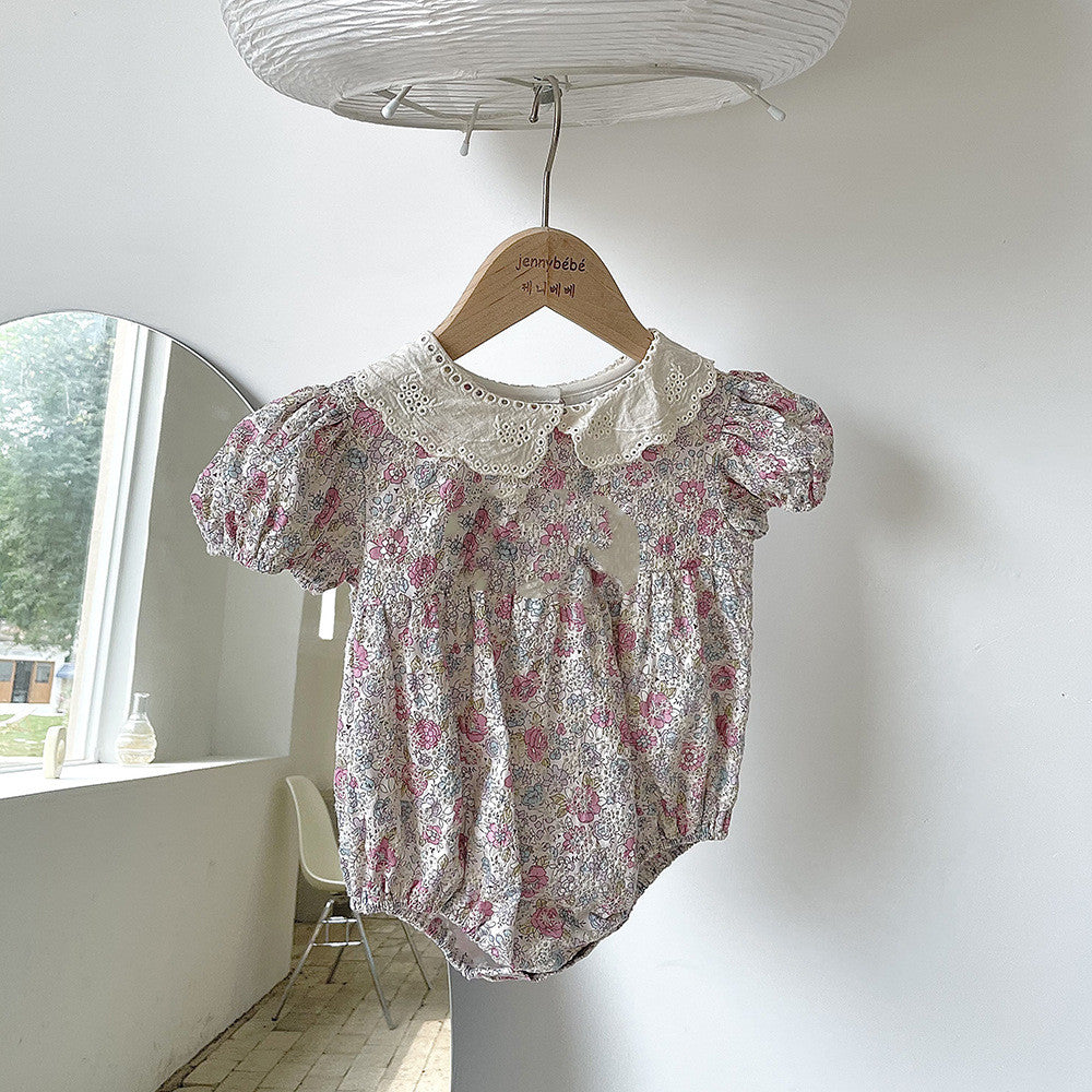 Baby Floral Embroidery Romper Doll Collar Puff Sleeve Jumpsuit