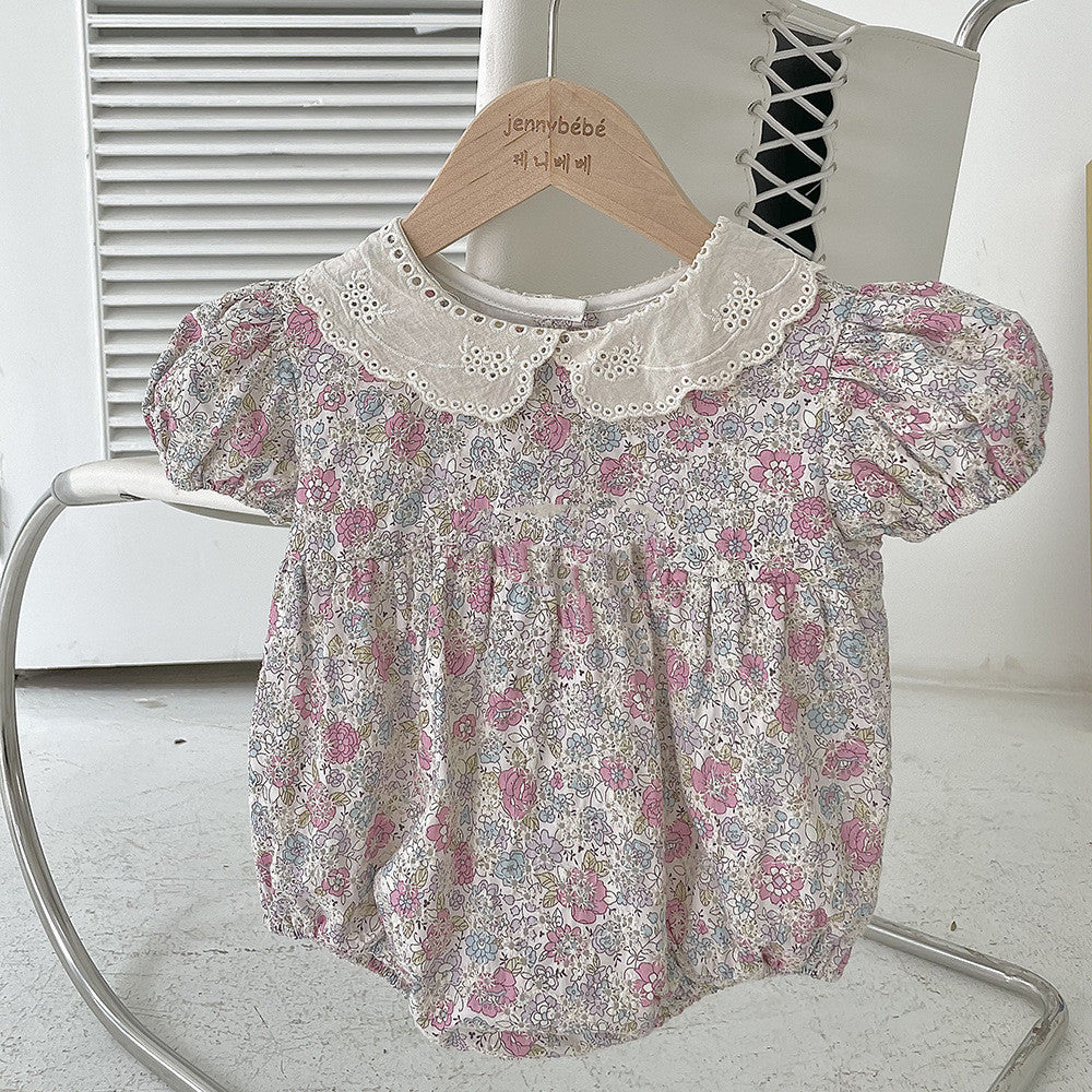 Baby Floral Embroidery Romper Doll Collar Puff Sleeve Jumpsuit