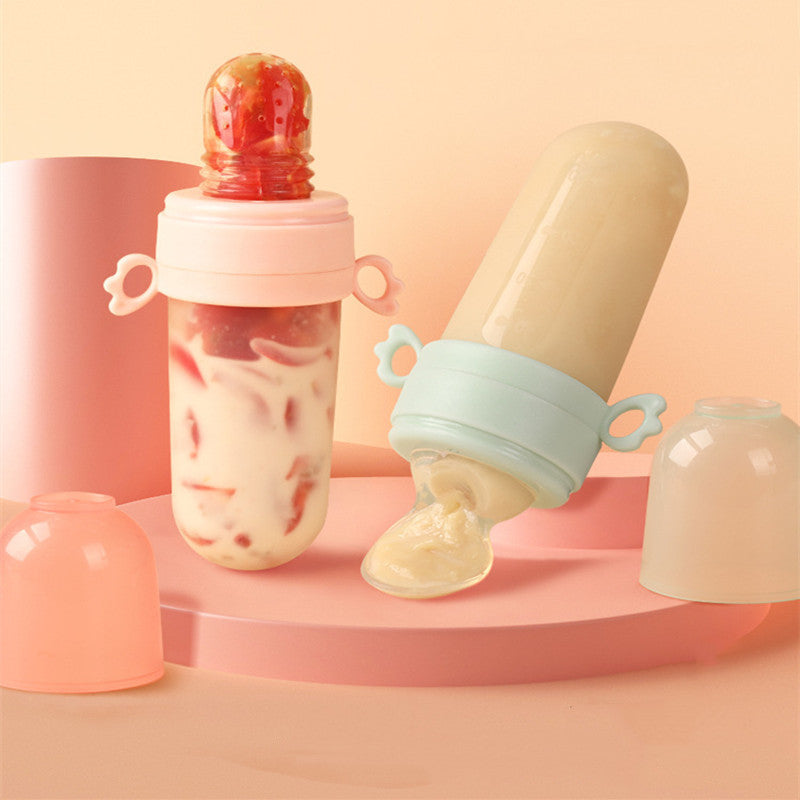 Baby Silicone Squeeze Feeding Bottle With Spoon And Net Pocket