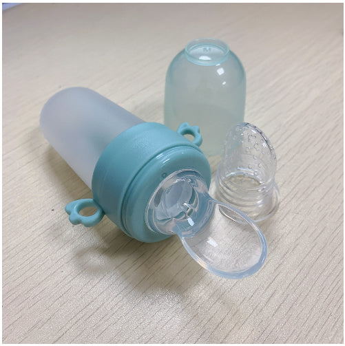 Baby Silicone Squeeze Feeding Bottle With Spoon And Net Pocket