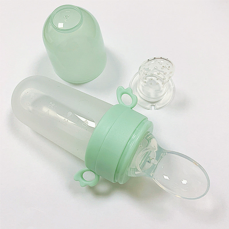 Baby Silicone Squeeze Feeding Bottle With Spoon And Net Pocket