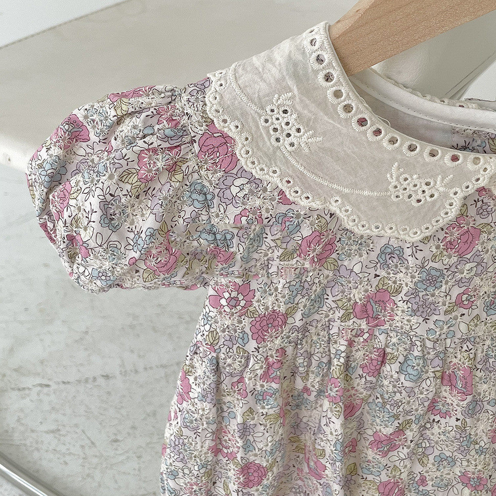 Baby Floral Embroidery Romper Doll Collar Puff Sleeve Jumpsuit