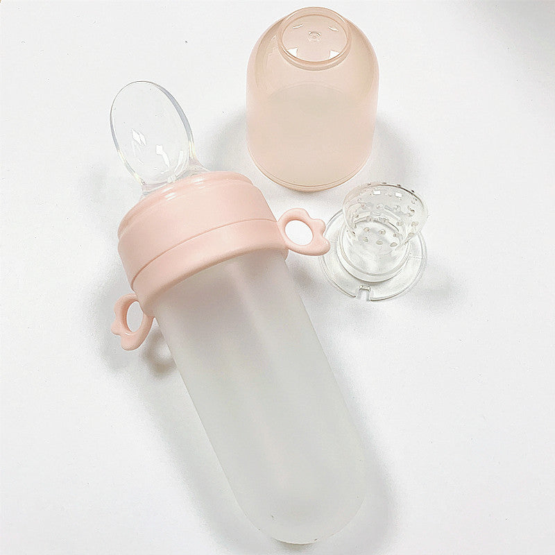 Baby Silicone Squeeze Feeding Bottle With Spoon And Net Pocket